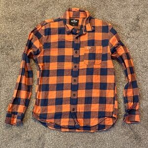 Hollister Men's Casual Plaid Shirt in Orange and Navy